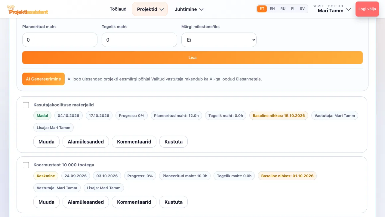 Ülesanded ja alamülesanded vastutajate, prioriteetide ja tähtaegadega.