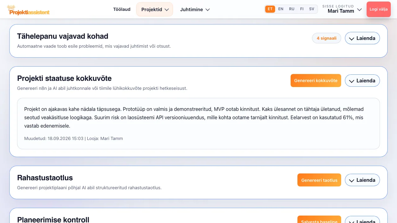 AI koostatud projekti staatuse kokkuvõte juhtkonnale.