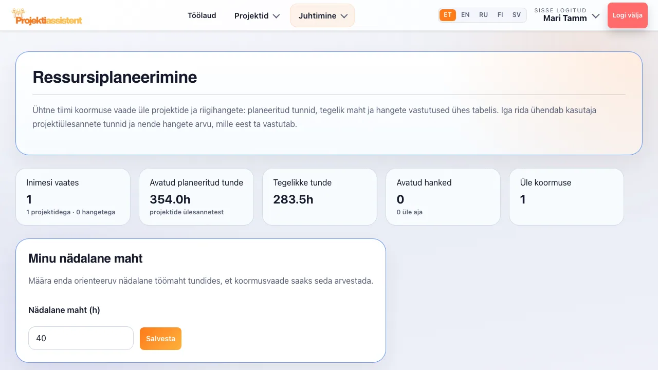 Ressursiplaneerimine: iga tiimiliikme koormus protsentides.