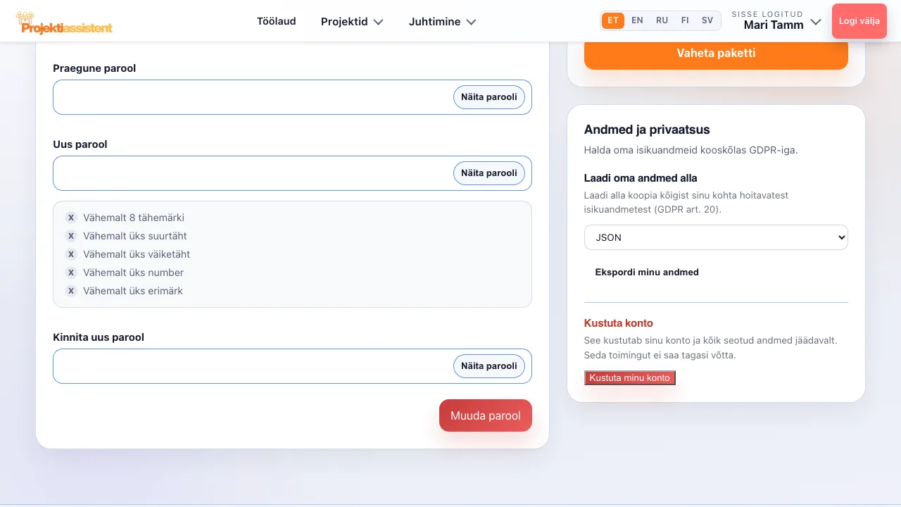 GDPR-vaade profiilis: andmete eksport ja konto kustutamine.