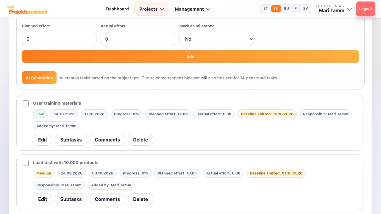 Tasks and subtasks with owners, priorities and deadlines.