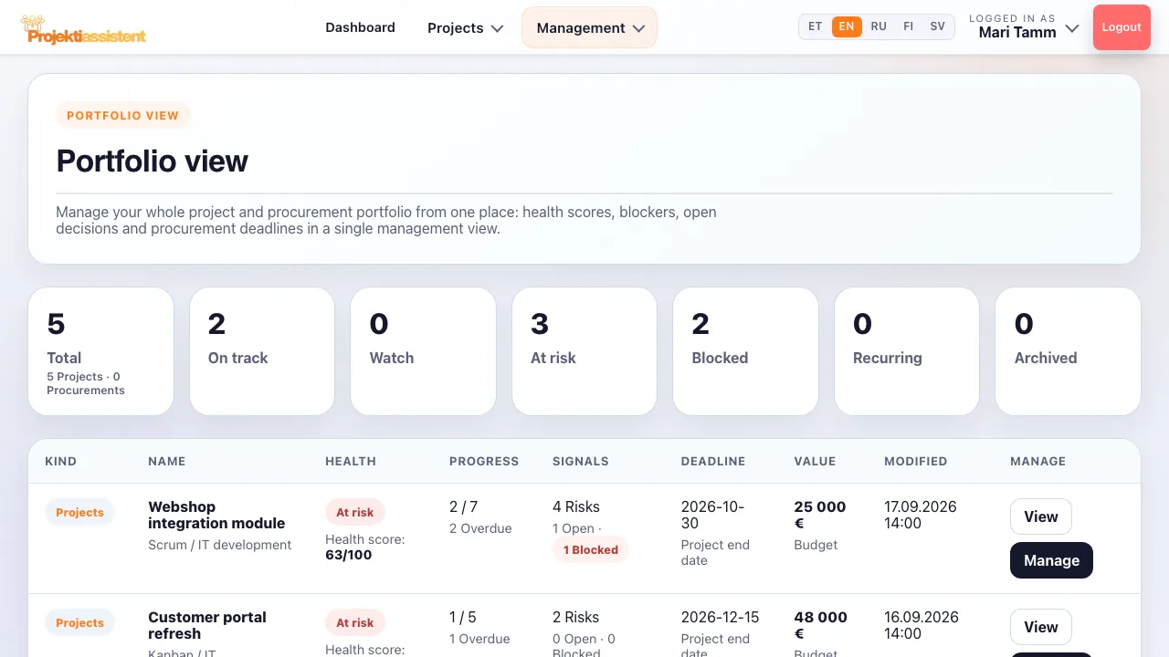 The portfolio view: every project with a health score and signals.