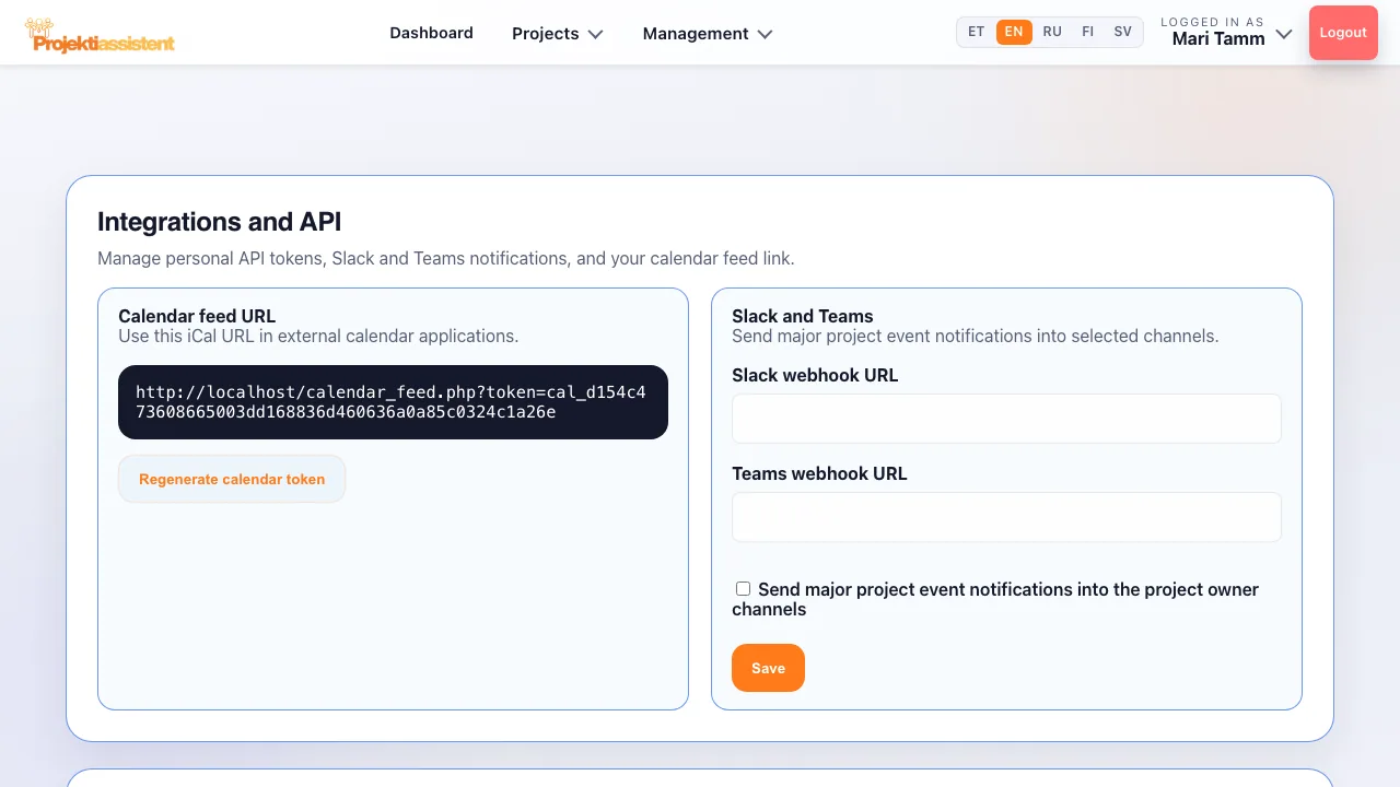 Integrations: API tokens, webhooks, Slack, Teams and calendar.
