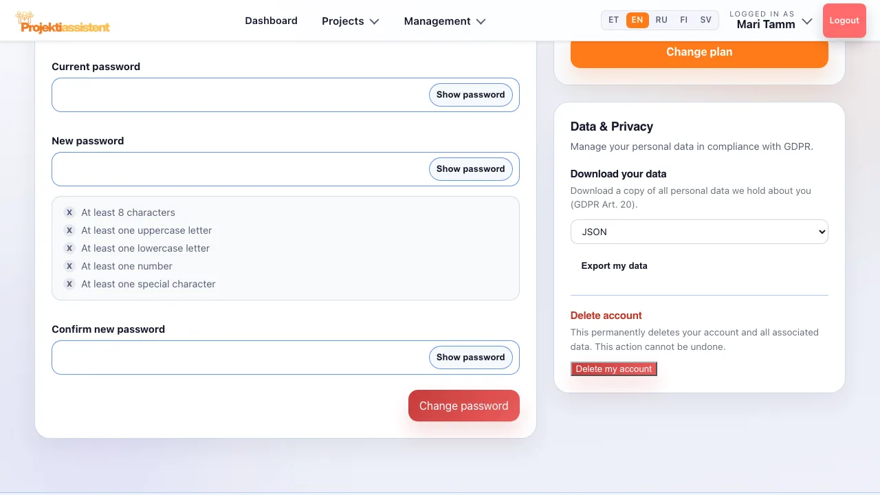 The GDPR view in the profile: data export and account deletion.