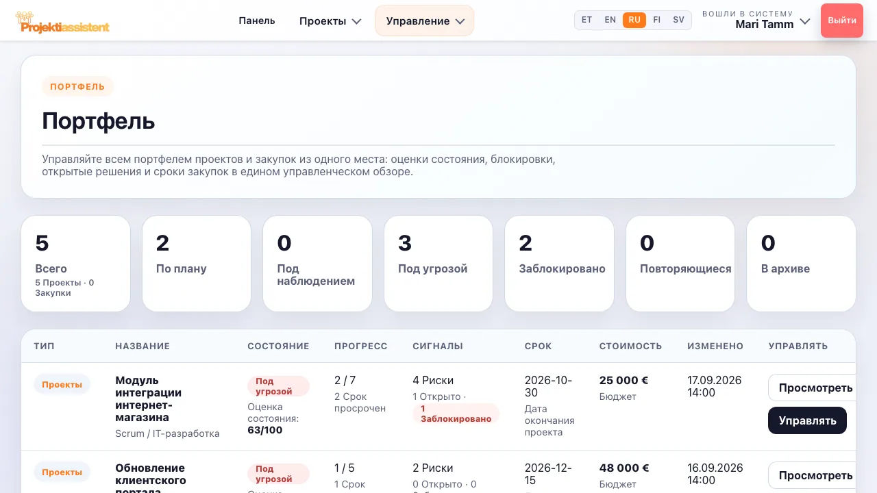 Портфельный вид: все проекты с оценкой здоровья и сигналами.